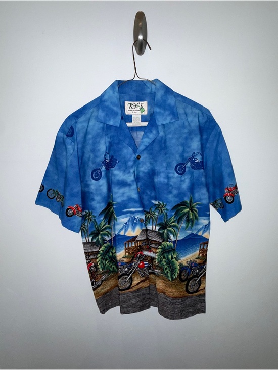 Ky'S Other - KYS Blue Motorcycle Print Camp Shirt